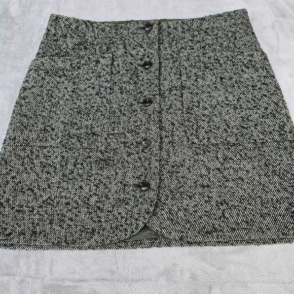 Madewell Green Herringbone Tweed Button Front Wool Blend Lined Mini Skirt Size 8 - Picture 3 of 16